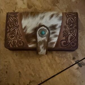 Brown Tooled Leather and Cowhide Wallet with Turquoise Accent